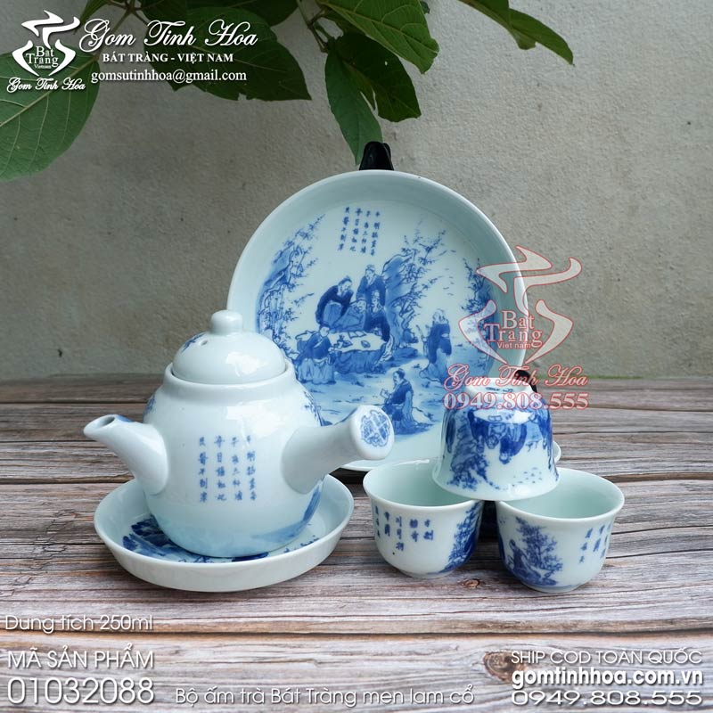Bộ ấm trà men lam cổ đồ ký kiểu phục chế Gốm Tinh Hoa Bát Tràng Ấm chén quai chuôi men lam cổ vẽ trúc lâm thất hiền