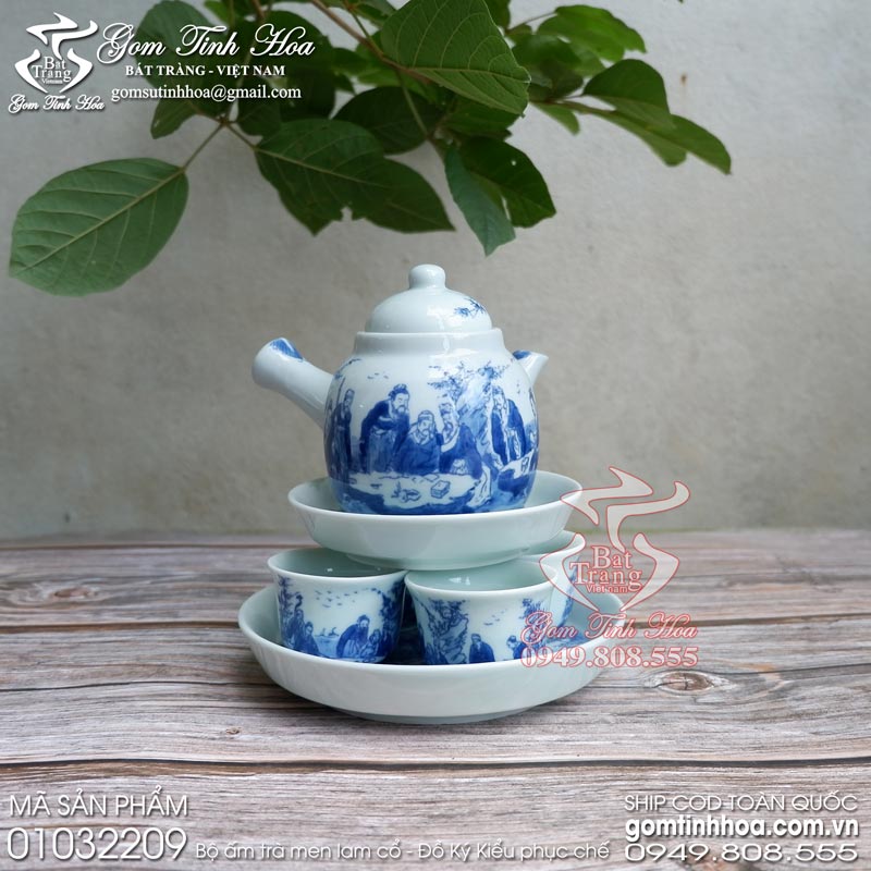 Bộ ấm trà men lam cổ Đồ Ký Kiểu phục chế Gốm Tinh Hoa Bát Tràng Bộ ấm trà quai chuôi 4 chén Đồ Ký Kiểu phục chế