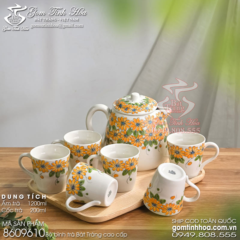 Bộ bình trà Bát Tràng cao cấp 1200ml vẽ hoa cúc màu
