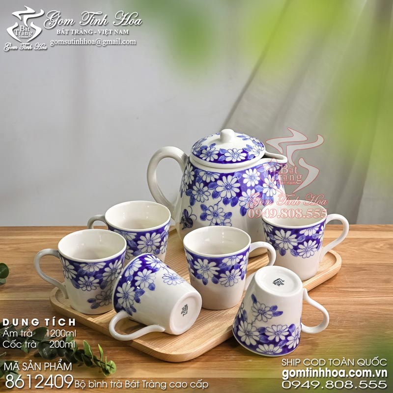 Bộ bình trà Bát Tràng cao cấp 1200ml vẽ hoa cúc xanh lam