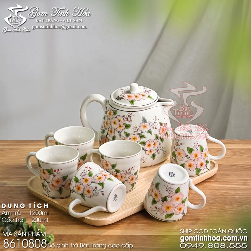 Bộ bình trà Bát Tràng cao cấp 1200ml vẽ hoa đào phai