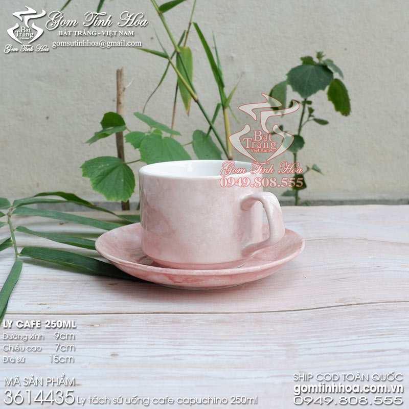 Ly tách cafe cappuccino 250ml gốm sứ men vân đá màu hồng dáng vuông