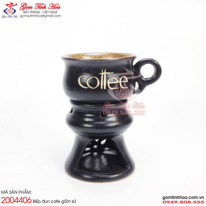Ly tách cafe đèn cầy men đen lòng gốm khắc chữ Coffee