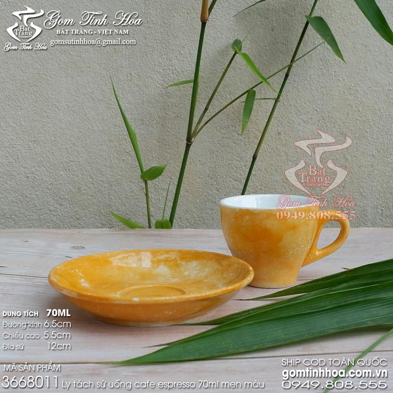 Tách uống cafe espresso 70ml gốm sứ Bát Tràng men vân đá màu vàng cam