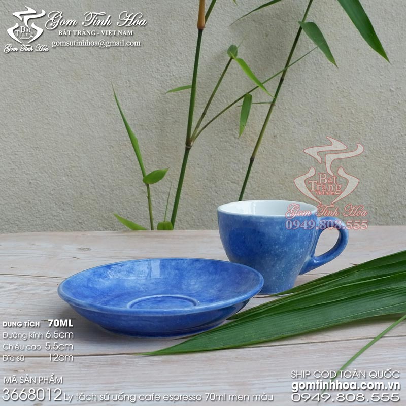 Ly tách uống cafe espresso 70ml gốm sứ Bát Tràng men vân đá màu xanh Coban
