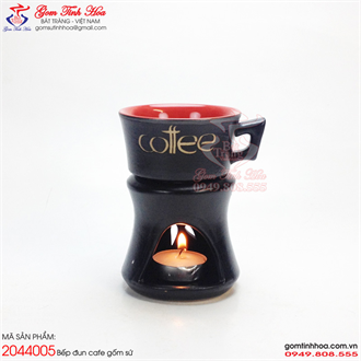 Bếp đun cafe gốm sứ dáng loe men đen lòng đỏ khắc chữ Coffee
