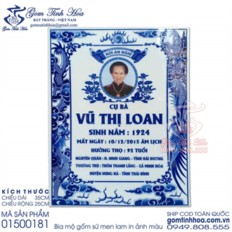 Bia mộ gốm sứ men lam in ảnh màu