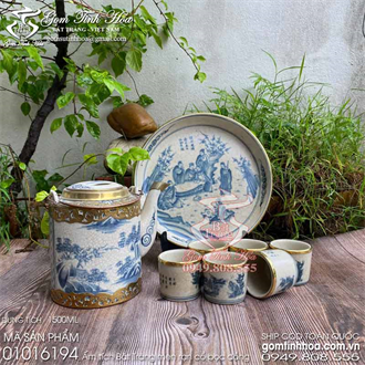 Bộ ấm tích 1,5 lít men rạn cổ bọc đồng vẽ sơn thủy