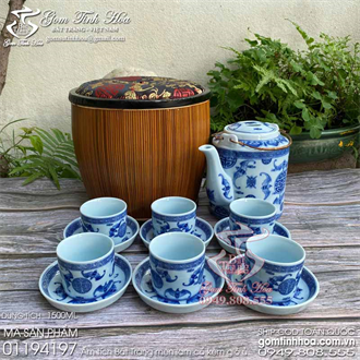 Bộ ấm tích 1.5 lít men lam cổ hoa văn ngũ phúc kèm giỏ ủ ấm tích Bát Tràng