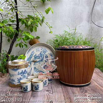 Bộ ấm tích 1,5 lít men rạn cổ bọc đồng vẽ sơn thủy kèm giỏ ấm Bát Tràng