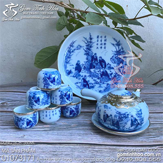 Bộ ấm trà quai chuôi khay đĩa tròn men lam cổ bọc đồng