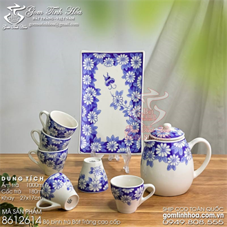 Bộ bình trà Bát Tràng 1 lít vẽ hoa cúc màu xanh lam