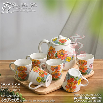 Bộ bình trà Bát Tràng cao cấp 1200ml vẽ hoa cúc
