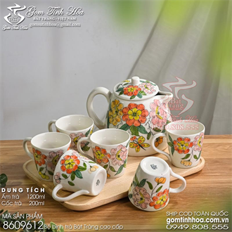 Bộ bình trà Bát Tràng cao cấp 1200ml vẽ hoa