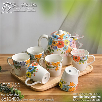 Bộ bình trà Bát Tràng cao cấp 1200ml vẽ hoa đa sắc