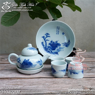 Bộ trà Đông 4 chén men lam cổ Thanh đàm đối thoại Đồ Ký Kiểu phục chế