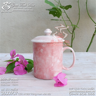 Ly cốc sứ có nắp Ly cốc uống trà cafe men vân đá màu hồng