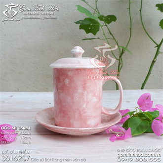 Ly sứ có nắp Ly uống trà cafe 350ml kèm đĩa sứ 15cm men vân đá màu hồng