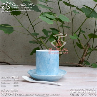 Ly cốc uống trà men vân đá màu Kabe kèm đĩa sứ và thìa cafe