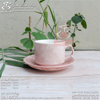 Ly tách cafe cappuccino 250ml gốm sứ men vân đá màu hồng dáng vuông