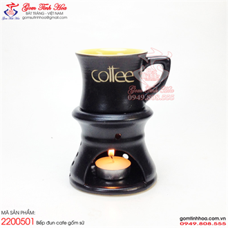Ly tách cafe đốt nến men đen lòng vàng khắc chữ Coffee