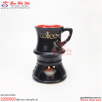 Ly tách cafe đốt nến men đen lòng đỏ khắc chữ Coffee