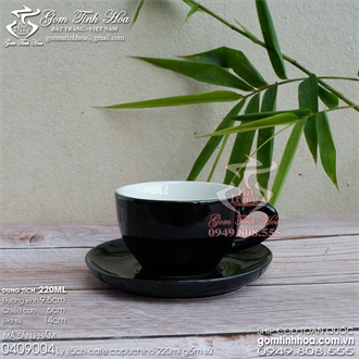Ly tách cà phê capuchino 220ml gốm sứ Bát Tràng cao cấp men đen lòng trắng