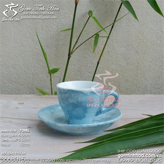 Ly tách uống cafe espresso 70ml gốm sứ Bát Tràng men vân đá màu xanh Kabe