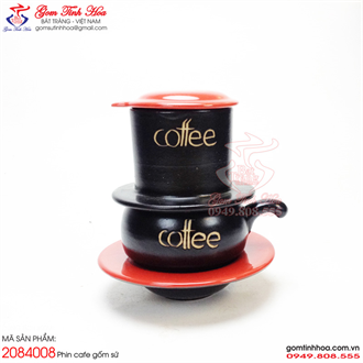 Phin cà phê gốm sứ men đen lòng đỏ khắc chữ Coffee