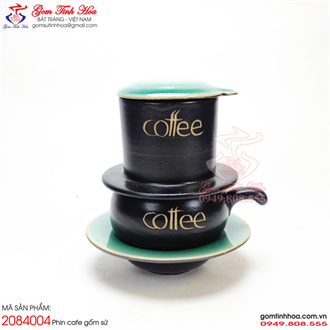 Phin cà phê Bát Tràng men đen lòng xanh thủy tinh khắc chữ Coffee