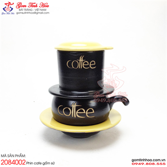 Phin cà phê gốm sứ men đen lòng vàng khắc chữ Coffee