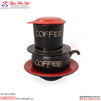 Phin pha cà phê bằng gốm sứ men đen lòng đỏ khắc chữ Coffee