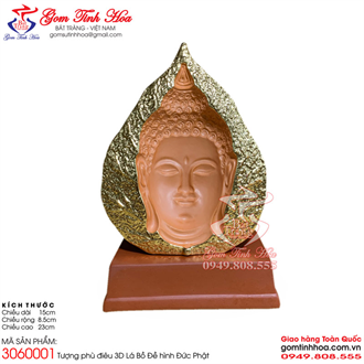 Tượng phù điêu lá đề 3D gốm đất nung thếp vàng hình Đức Phật
